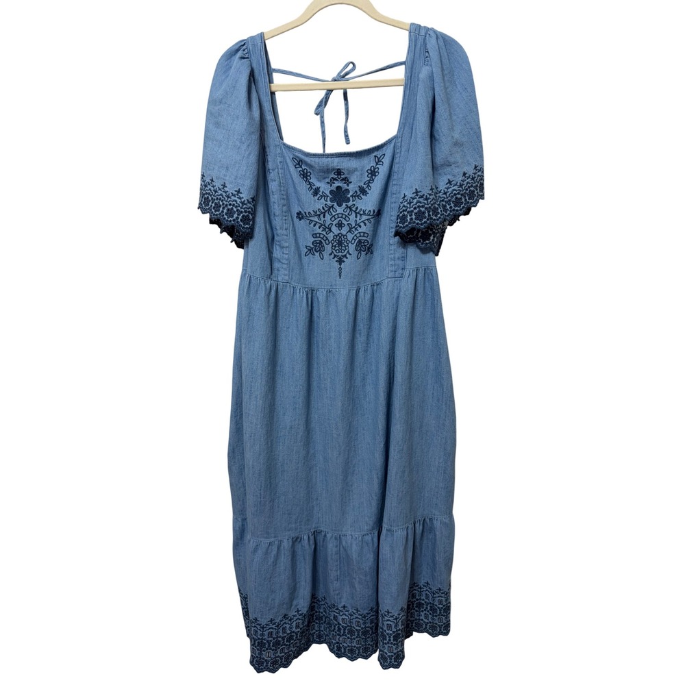 Old Navy Womens 3X Blue Cotton Denim Embroidered Square Neck Midi Dress Smocked